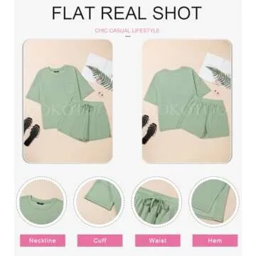 Dokotoo Workout Sets for Women 2 Piece Set Comfy Casual Womens Lounge Sets Solid Round Neck Short Sleeve Sweatsuit Shirts Matching High Rise Drawstring Shorts with Pockets Green Small