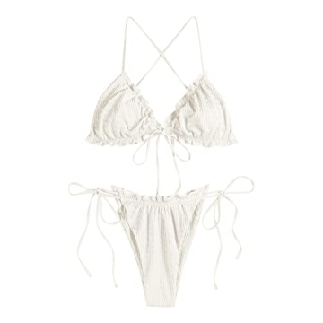 ZAFUL Women's Ruffle Bikini Two Piece Swimwear White Small