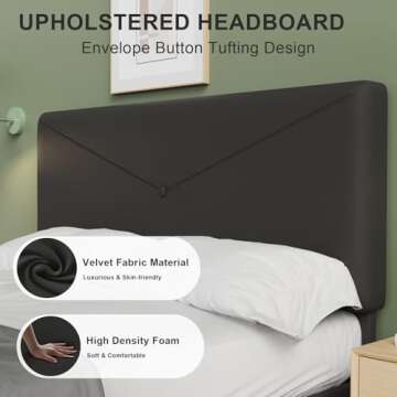 Flolinda Queen Size Velvet Bed Frame/Button Tufted Bed Frame with Headboard/Upholstered Platform Bed/Strong Wooden Slats/Fully Upholstered Mattress Foundation/No Box Spring Needed/Dark Grey