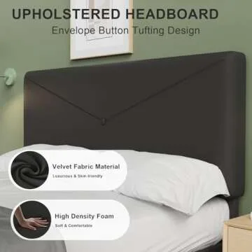 Flolinda Queen Size Velvet Bed Frame/Button Tufted Bed Frame with Headboard/Upholstered Platform Bed/Strong Wooden Slats/Fully Upholstered Mattress Foundation/No Box Spring Needed/Dark Grey