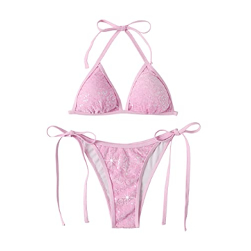 SweatyRocks Women's Sequin 2 Piece Halter Triangle Bikini for Summer Fun