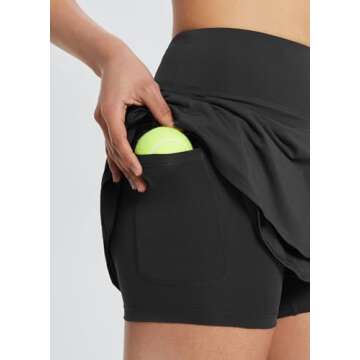BALEAF Women's 14" Tennis Skirts Golf Skorts with Pockets Pleated Mini Skirt Athletic Workout Liner Shorts Layered Ruffle Black S