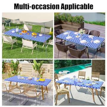 Smiry Rectangle Picnic Table Cover, Waterproof Elastic Fitted Camping Tablecloths for 6 Foot Tables, Wipeable Flannel Backed Vinyl Tablecloth Protector for Indoor, Outdoor (Blue, 30x72 Inches)