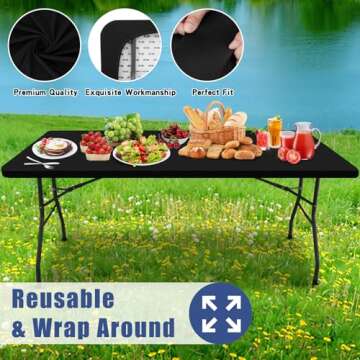 Moosfor Spandex Picnic Table Cloth, Elastic Fitted Tablecloths for 6 Foot Rectangle Tables, Stretch Washable Patio Table Cover for Outdoor, Camping, Banquet and Parties (Black, 30"x72")