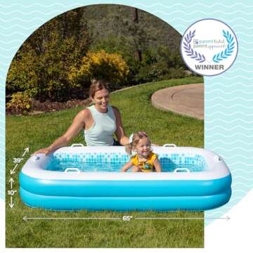 Inflatable Kiddie Pool 65"x39"x10" (5'5") Blow Up Soft Padded Floor, Handles and Drain - Shallow Rectangular Blow Up Swimming Pool for Kids Age 2+ Toddler Ball Pit Small Adult Backyard Tanning Pool
