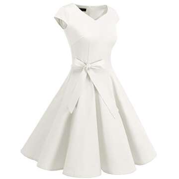 DRESSTELLS Women Classic Tea Dress 1950s Vintage Cocktail Dresses Sweetheart Neckline Swing Dresses with Cap Sleeves White M