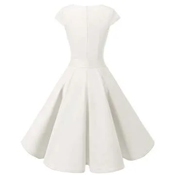 DRESSTELLS Women Classic Tea Dress 1950s Vintage Cocktail Dresses Sweetheart Neckline Swing Dresses with Cap Sleeves White M