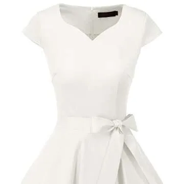 DRESSTELLS Women Classic Tea Dress 1950s Vintage Cocktail Dresses Sweetheart Neckline Swing Dresses with Cap Sleeves White M