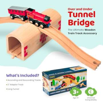maxim enterprise, inc. Wooden Train Track Over & Under Tunnel Bridge & Easy-Connect Railway, Hardwood Train Set Compatible with Thomas and Friends, BRIO, Major Brand Wooden Train Sets and Accessories