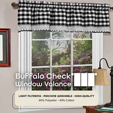 Buffalo Check Valance Window Curtains - 58 Inch Width, 14 Inch Length - Black & White Plaid - Light ...