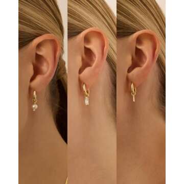 PAVOI 18K Yellow Gold Plated Huggie Earrings and Charm Set for Women | Mix and Match Earring Pack with Pearl & Baguette Cubic Zirconia Charms