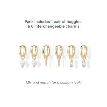 PAVOI 18K Yellow Gold Plated Huggie Earrings and Charm Set for Women | Mix and Match Earring Pack with Pearl & Baguette Cubic Zirconia Charms