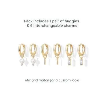 PAVOI 18K Yellow Gold Plated Huggie Earrings and Charm Set for Women | Mix and Match Earring Pack with Pearl & Baguette Cubic Zirconia Charms