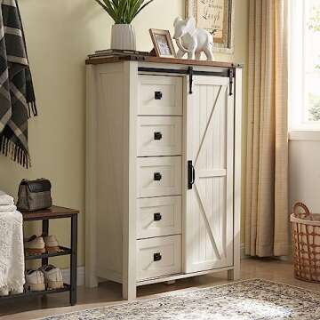 T4TREAM 5 Drawers Dresser for Bedroom w/Sliding Barn Door, Farmhouse Modern Tall Dresser 5 Chest of Drawers, Storage Organizer Dresser for Bedroom, Hallway, Living Room, Kids Room, Antique White