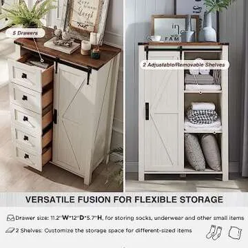 T4TREAM 5 Drawers Dresser for Bedroom w/Sliding Barn Door, Farmhouse Modern Tall Dresser 5 Chest of Drawers, Storage Organizer Dresser for Bedroom, Hallway, Living Room, Kids Room, Antique White