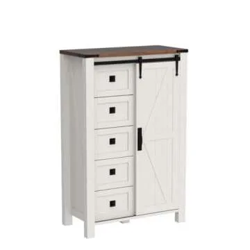 T4TREAM 5 Drawers Dresser for Bedroom w/Sliding Barn Door, Farmhouse Modern Tall Dresser 5 Chest of Drawers, Storage Organizer Dresser for Bedroom, Hallway, Living Room, Kids Room, Antique White