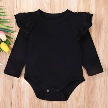 Minesiry Infant Baby Girl Basic Ruffle Long Sleeve Cotton Romper Bodysuit Tops Clothes (Black, 9-18 Months)