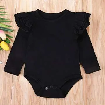 Minesiry Infant Baby Girl Basic Ruffle Long Sleeve Cotton Romper Bodysuit Tops Clothes (Black, 9-18 Months)