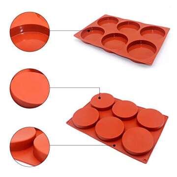6-Cavity Large Cake Molds Silicone Round Disc Resin Coaster Mold Non-Stick Baking Molds, Mousse Cake Pan, French Dessert, Candy, Soap (Red)