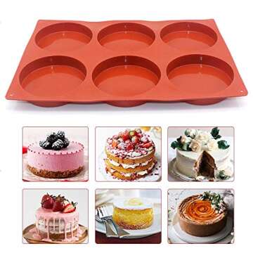 6-Cavity Large Cake Molds Silicone Round Disc Resin Coaster Mold Non-Stick Baking Molds, Mousse Cake Pan, French Dessert, Candy, Soap (Red)