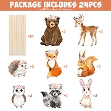 24PCS Floral Woodland Animal Centerpiece Sticks Pink Flowers Boho Woodland Creatures Shaped Cutouts ...