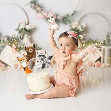 24PCS Floral Woodland Animal Centerpiece Sticks Pink Flowers Boho Woodland Creatures Shaped Cutouts Table Toppers for Forest Friends Girls Baby Shower Wild One Camping Party Supplies Cabin Home Decor