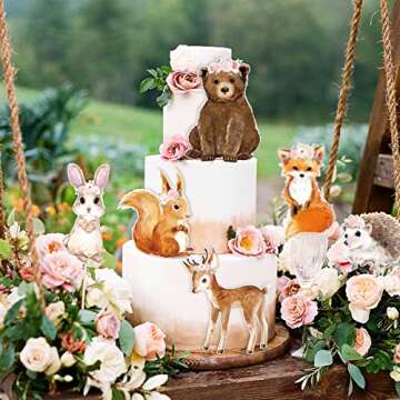 24PCS Floral Woodland Animal Centerpiece Sticks Pink Flowers Boho Woodland Creatures Shaped Cutouts Table Toppers for Forest Friends Girls Baby Shower Wild One Camping Party Supplies Cabin Home Decor