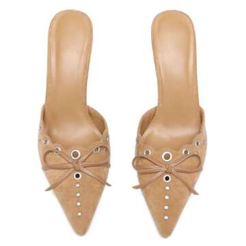 Riekhany Heeled Mules for Women Pointed Toe Suede Heels Bow Tie Slip On Pumps Nude