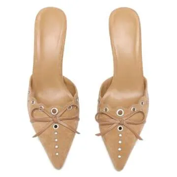 Riekhany Heeled Mules for Women Pointed Toe Suede Heels Bow Tie Slip On Pumps Nude