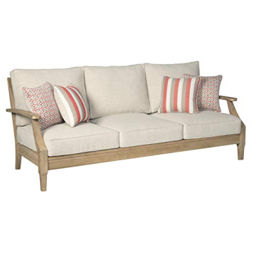 Signature Design by Ashley Clare View Coastal Outdoor Patio Eucalyptus Sofa with Cushions, Beige