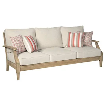 Signature Design by Ashley Clare View Coastal Outdoor Patio Eucalyptus Sofa with Cushions, Beige