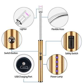 Calar Flexible Candle Lighter,Electric Arc Lighter Camping Lighter with Long Flexible Neck and Safety Switch,USB Rechargeable,Windproof Grill Lighter for Candle BBQ Fireworks (Rose Gold)