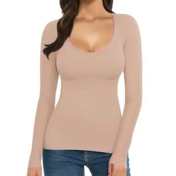 MANGOPOP Women's Scoop Neck Long Sleeve Tee in Light Camel