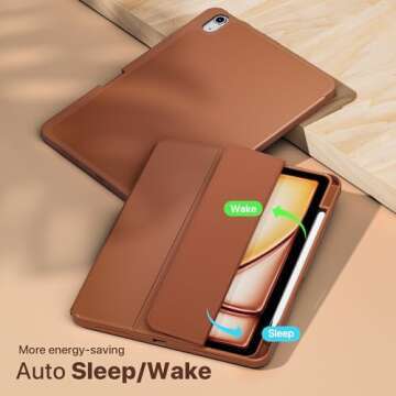 VAKS for iPad Air 6th Generation Case 11 inch M2 2024, iPad Air 5th / iPad Air 4th Generation case 10.9 inch, Trifold Stand Smart Cover Auto Wake with Pencil Holder Soft TPU Back, Brown