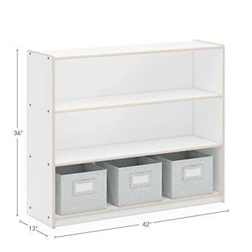 Guidecraft EdQ Three Shelf Open Storage White with 3 Fabric Bins: Wood Bookshelf and Toy Organizer f...