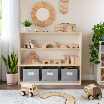 Guidecraft EdQ Three Shelf Open Storage White with 3 Fabric Bins: Wood Bookshelf and Toy Organizer for Kids and Teachers; School Supply Furniture for Classrooms and Home