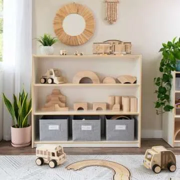 Guidecraft EdQ Three Shelf Open Storage White with 3 Fabric Bins: Wood Bookshelf and Toy Organizer for Kids and Teachers; School Supply Furniture for Classrooms and Home