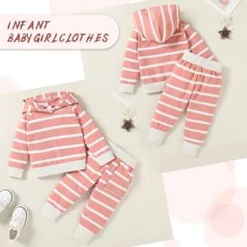 YOUNGER TREE Baby Girl Boy Cotton Winter Clothing Set Long Sleeve Striped Hoodie Sweatshirt Tops + Pants Outfit Sets Infant Fall Clothes (Pink Stripes,3-6 Months)