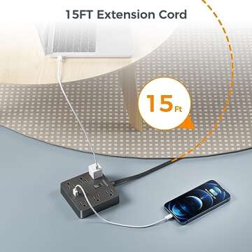Flat Plug Extension Cord 15 Ft, TESSAN Surge Protector Power Strip with 6 Outlets and 3 USB (1 USB C...