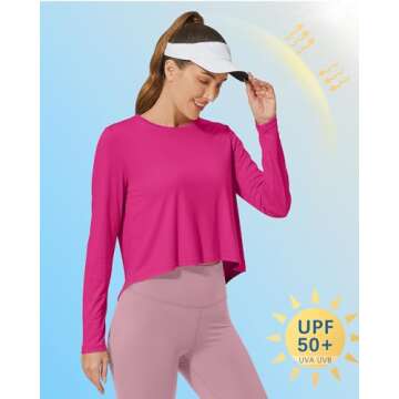 G4Free Long Sleeve Crop Tops for Women Workout Shirts Breathable Lightweight Cotton Athletic Gym Shirts(Hot Pink,M)