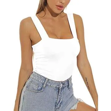 Amilia Women's Basic Solid Casual Wide Strap Tank Tops Double Layer Cami Crop Summer Shirts