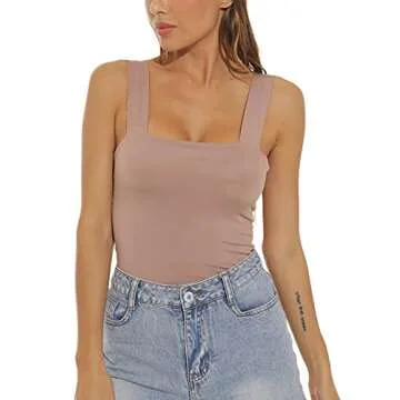 Amilia Women's Basic Solid Casual Wide Strap Tank Tops Double Layer Cami Crop Summer Shirts