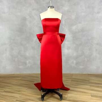 SHANDUAO Elegant Sleeveless Cocktail Party Bow Dress Bodycon Backless Christmas Party Dress Satin Sleeveless Evening Dress Bow Long Dresses Mermaid Prom Dress with Slit Red-4