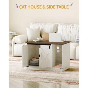 Hzuaneri Cat Litter Box Enclosure, Hidden Litter Box Cabinet Furniture with Cat Bell, Indoor Cat House, Farmhouse Style, 31.5 x 19.7 x 20.9Inches, for Hallway, Bedroom, Rustic Brown and White CB82414X