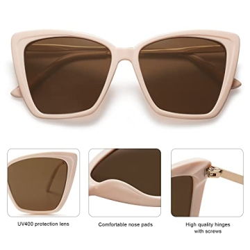 SOJOS Trendy Polarized Sunglasses For Women Retro Womens Oversized Square Cat Eye Sun Glasses UV Protection SJ2206 White Frame Brown Lens