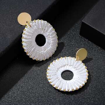 Statement Beaded Earrings Boho Raffia Dangle Earrings Circle Beads Bohemian Dangle Earrings Handmade...