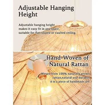 Untrammelife Hand Woven Rattan Pendant Lights 16.5" Antique Boho Chandelier Light Fixture Natural Wicker Ceiling Hanging Lighting for Kitchen Island, Bedroom, Hallway