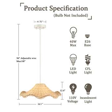Untrammelife Hand Woven Rattan Pendant Lights 16.5" Antique Boho Chandelier Light Fixture Natural Wicker Ceiling Hanging Lighting for Kitchen Island, Bedroom, Hallway