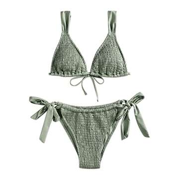 ZAFUL Women's 2 Piece Smocked Bathing Suits High Cut Bandeau Bikini Sets with Removable Straps Olive Green M