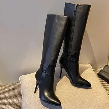 Dance&Style Women's Leather Boots Middle Thin Heels Shoes Zipper Knee High Boots 29-Black 8US